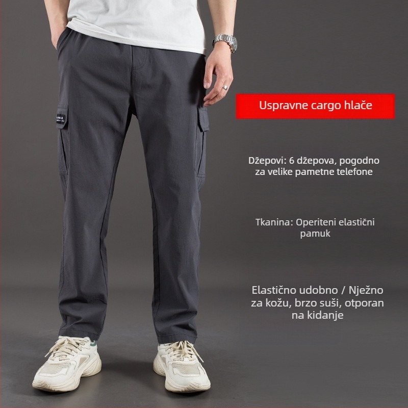 Cargo hlače, slobodan kroj, visok pojas, pamuk-elastan smjesa, više džepova