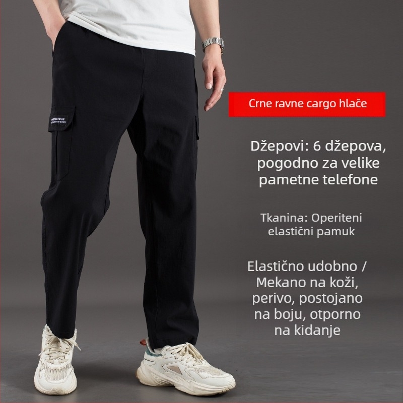 Cargo hlače, slobodan kroj, visok pojas, pamuk-elastan smjesa, više džepova