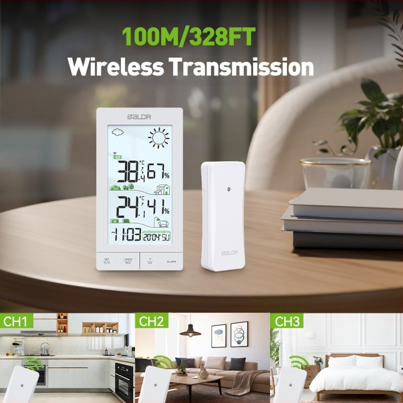 Baldr bežična vremenska stanica s dodirnim zaslonom, za unutarnju i vanjsku upotrebu, veliki zaslon, radijsko-upravljan sat s pozadinskim osvjetljenjem; mjeri temperaturu i vlagu s točnošću ±1°C/±1% RH; napajanje 3×AAA.