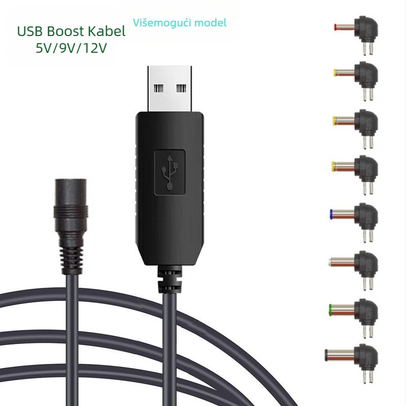 USB napajanje kabel s boost pretvaračem 5V–9V/12V za auto, kutni DC priključak — višefunkcionalno za ruter, kockasti zvučnik, lampu ili igračku