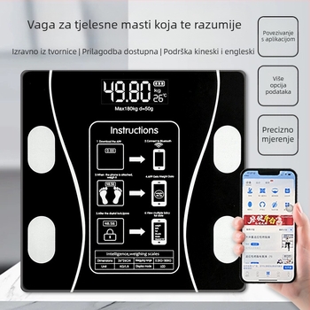 Digitalna vaga, mjeri težinu, masnoću, kalorije i vlagu, 180 kg nosivost, USB punjenje ili 7 baterija, CE/FCC certificirano