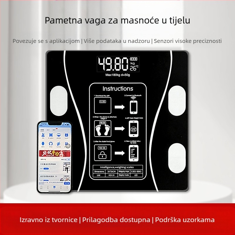 Digitalna vaga, mjeri težinu, masnoću, kalorije i vlagu, 180 kg nosivost, USB punjenje ili 7 baterija, CE/FCC certificirano