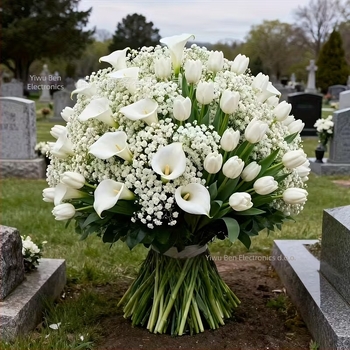 Bene 99 32-dijni umjetni cvjetni buket za vanjski grob s tuberozom, Calla Lily i Gypsophila — materijal: plastika i PU, obrada: flokiranje, ubrizgavanje kalupa