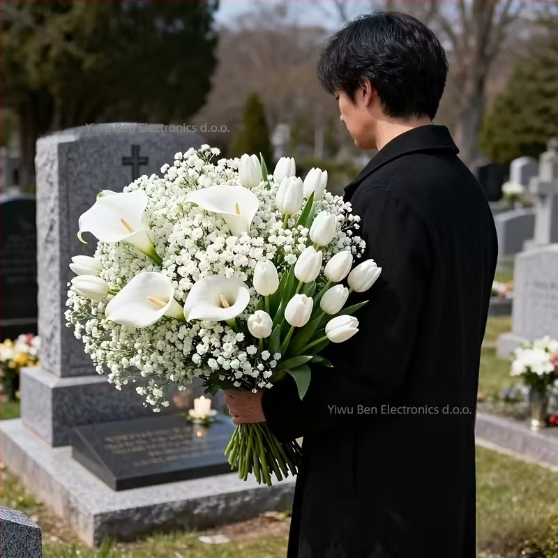 Bene 99 32-dijni umjetni cvjetni buket za vanjski grob s tuberozom, Calla Lily i Gypsophila — materijal: plastika i PU, obrada: flokiranje, ubrizgavanje kalupa