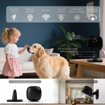Unutarnja sigurnosna kamera s Wi‑Fi, 1080P, skladištenje u oblaku ili SD kartica, dvosmjerni interkom, 1 kanal
