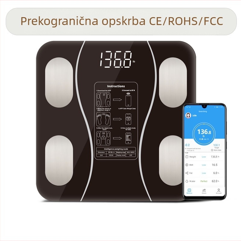 Bluetooth vaga za postotak tjelesne masnoće, precizna pametna vaga za kućnu upotrebu, ploča od kaljenog stakla, kapacitet 180 kg