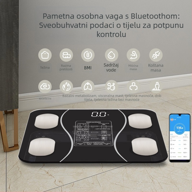 Bluetooth vaga za postotak tjelesne masnoće, precizna pametna vaga za kućnu upotrebu, ploča od kaljenog stakla, kapacitet 180 kg