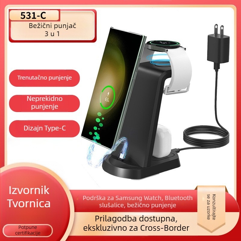 Bežični punjač tri u jednom s stolnim držačem, 15W izlaz, QC3.0, 5V/3A