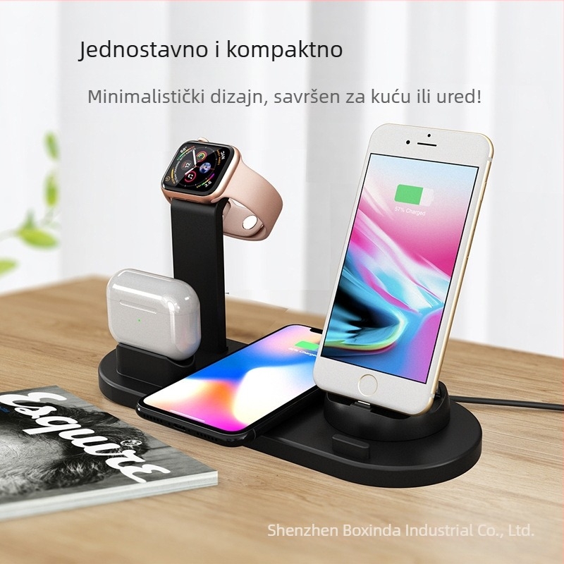 5-u-1 bežični punjač s rotirajućom drškom za telefon i punjenjem sata i slušalica — Qi-certificiran, QC3.0, do 15W (Model BXD-07A)