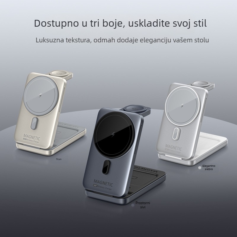Stolni magnetski sklopivi 3-u-1 bežični punjač s držačem za telefon, sat i slušalice (PD do 15W)