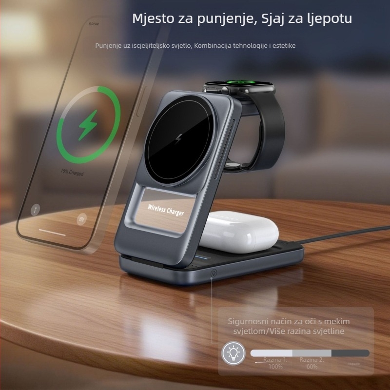S29 3-u-1 sklopivi bežični punjač za telefon s magnetskim stolnim držačem, QC3.0 brzo punjenje, max 15W