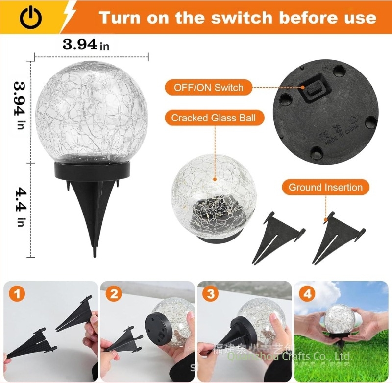 Solarska vrtna svjetiljka sa krakeliranom staklenom kuglom, IP44, 0,06 W, trajanje 6–12 sati