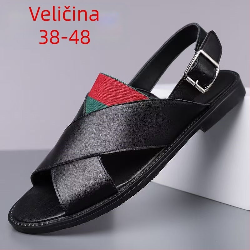 Muške sandale s prugama — otvoreni prsti, prozračne, protuklizne, slip-on s elastikom, gumeni đon