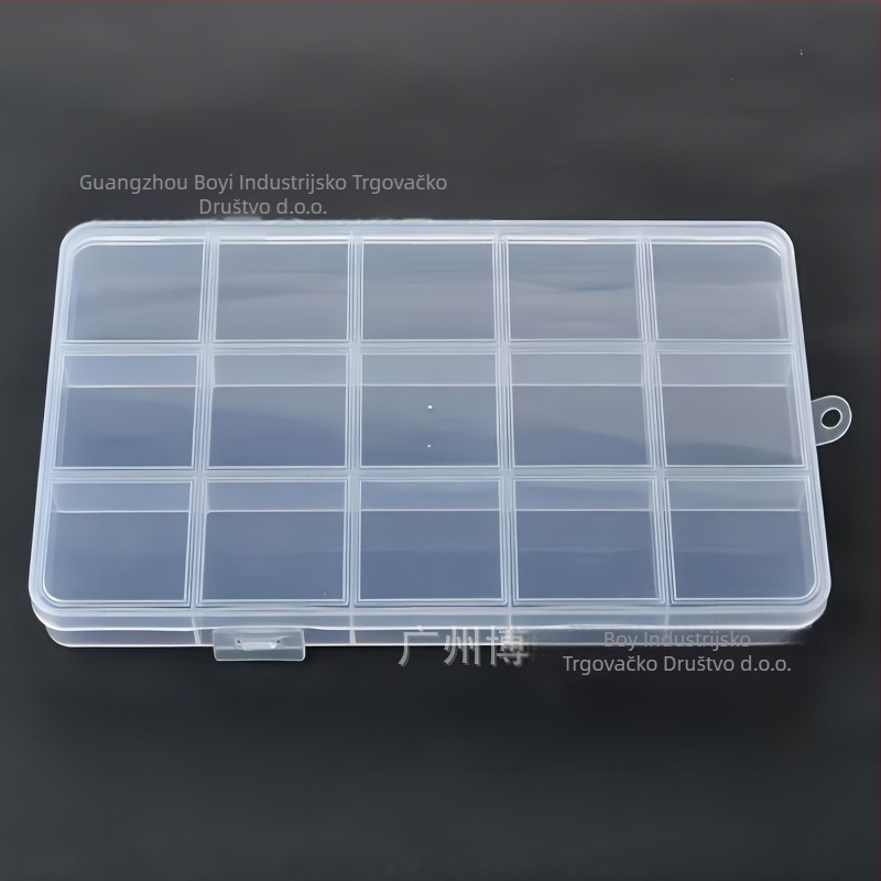 Radna kutija za pohranu s 15 pretinaca, prozirni plastični materijal, s poklopcem i ručkom, kapacitet 1 L