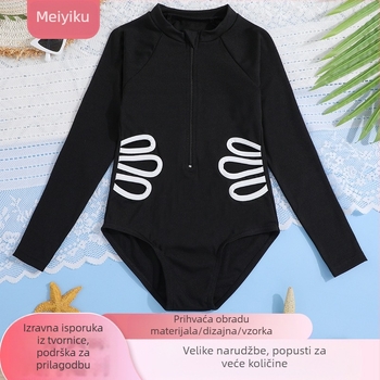 Dječji jednodijelni kupaći kostim za djevojčice s dugim rukavima i zatvaračem, pleteni materijal; sastav 95% poliester, 5% spandex; podstava poliester.