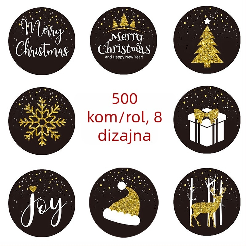 Kružna crna božićna naljepnica za pakiranje darova, kolor ispis, topljivo ljepilo, laserski ne-sušajući materijal, otpornost na 65°C, mogućnost prilagođavanja