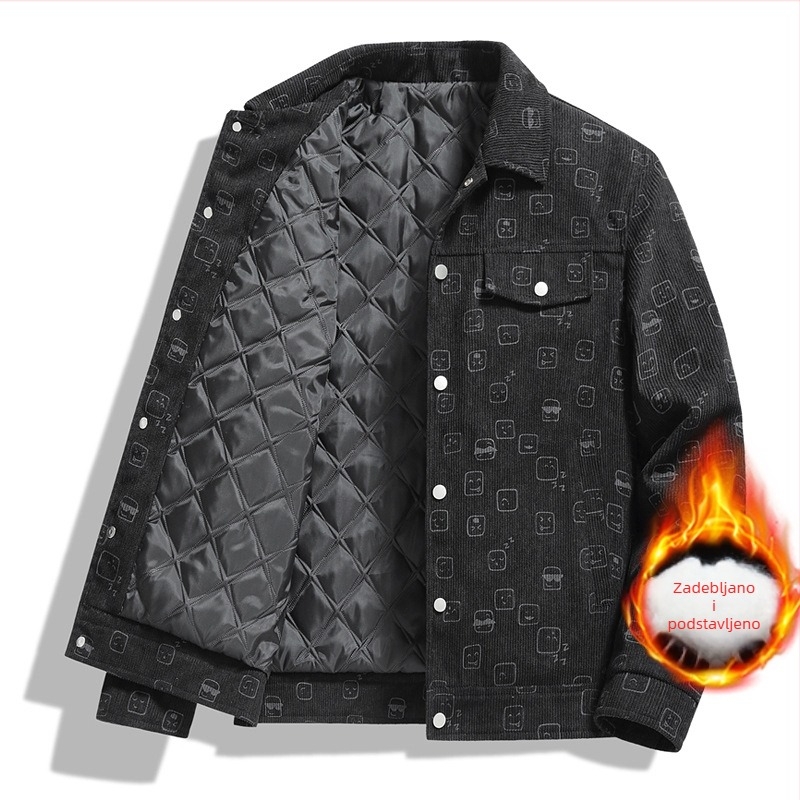 Corduroy tiskana muška jakna, ovratnik lapel, široka silueta, jednoredno kopčanje, dugi rukavi