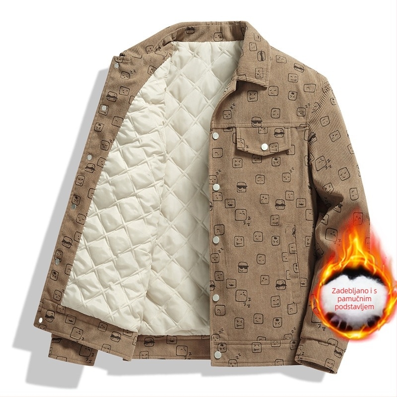 Corduroy tiskana muška jakna, ovratnik lapel, široka silueta, jednoredno kopčanje, dugi rukavi