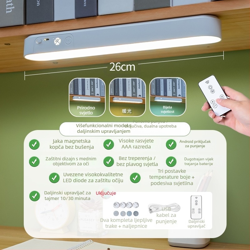 Studijska stolna lampa s zaštitom očiju, daljinsko upravljanje, tri boje temperature svjetla, ugrađena baterija, lampica za učenje