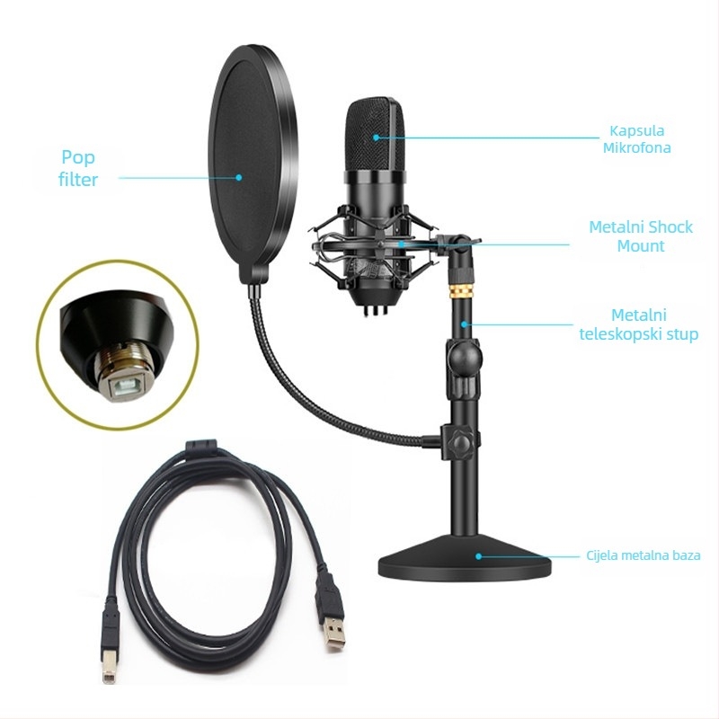 BM-800USB USB mikrofon za računalo za snimanje s kardioidnim uzorkovanjem, 20Hz-20kHz, SNR ≥70dB, aluminijsko kućište