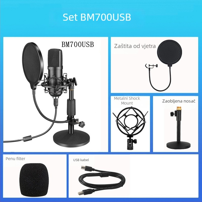 BM-800USB USB mikrofon za računalo za snimanje s kardioidnim uzorkovanjem, 20Hz-20kHz, SNR ≥70dB, aluminijsko kućište