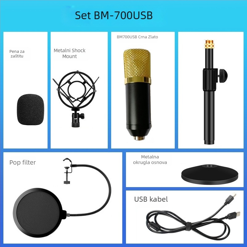 BM-800USB USB mikrofon za računalo za snimanje s kardioidnim uzorkovanjem, 20Hz-20kHz, SNR ≥70dB, aluminijsko kućište