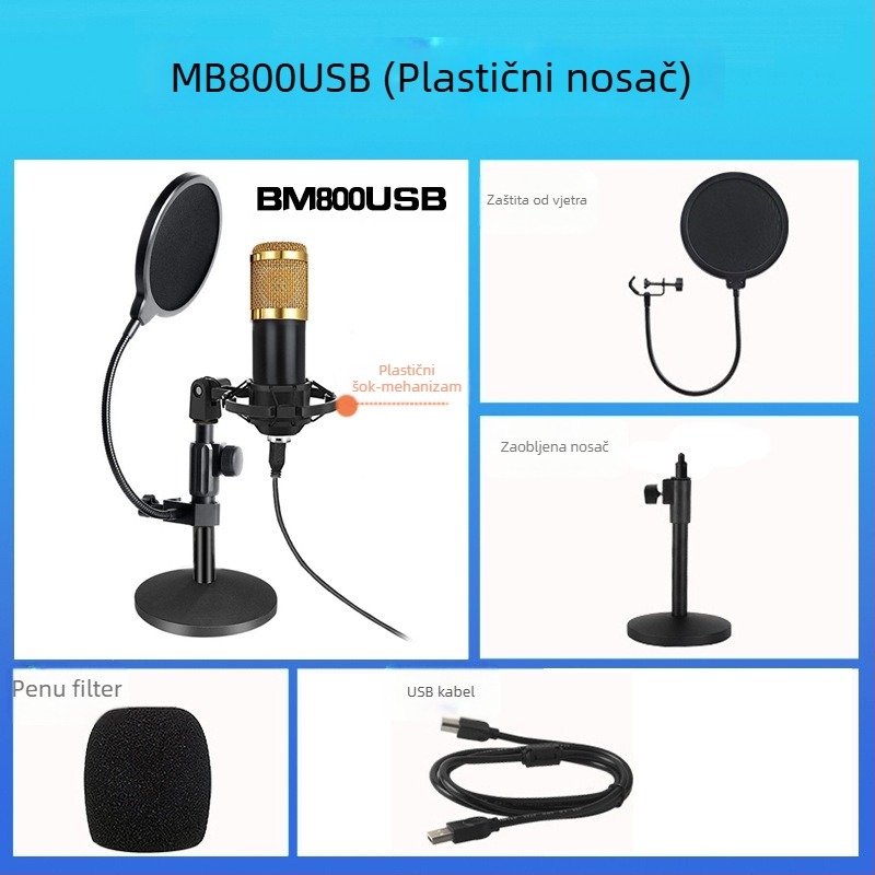 BM-800USB USB mikrofon za računalo za snimanje s kardioidnim uzorkovanjem, 20Hz-20kHz, SNR ≥70dB, aluminijsko kućište