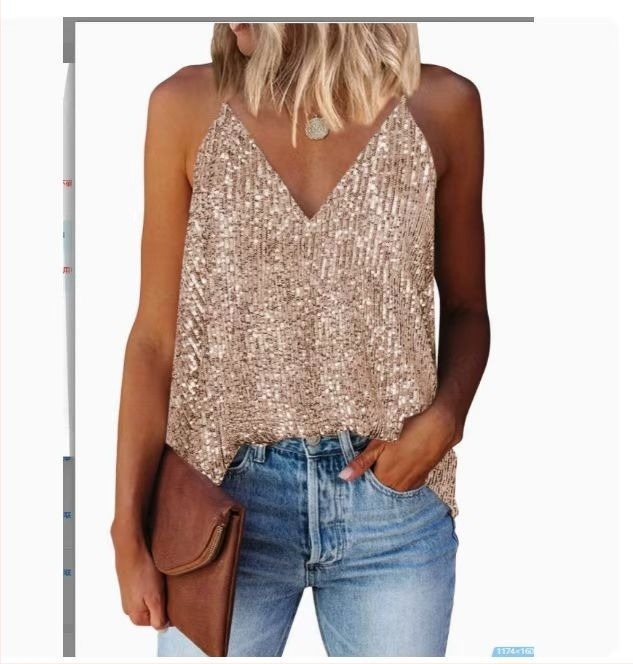 Halter top sa šljokicama, duboki V izrez, A-oblika siluete, poliester (halter stil; šljokice; duboki V; A-oblika; poliester)