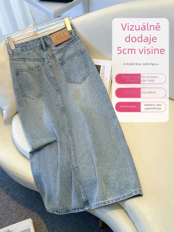 Ženska denim A-linijska suknja, srednje duljine, ljeto 2025, bez elastana