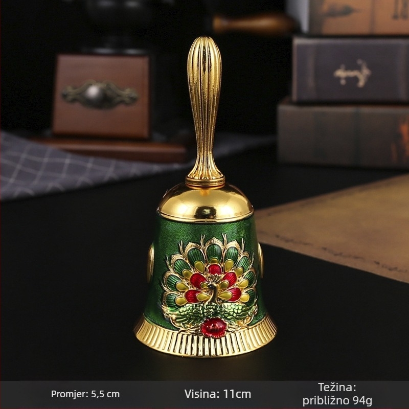 Ručni zvon od legure – vintage metalni zvon za učionicu, posluživanje hrane i rano obrazovanje; kartonsko pakiranje.