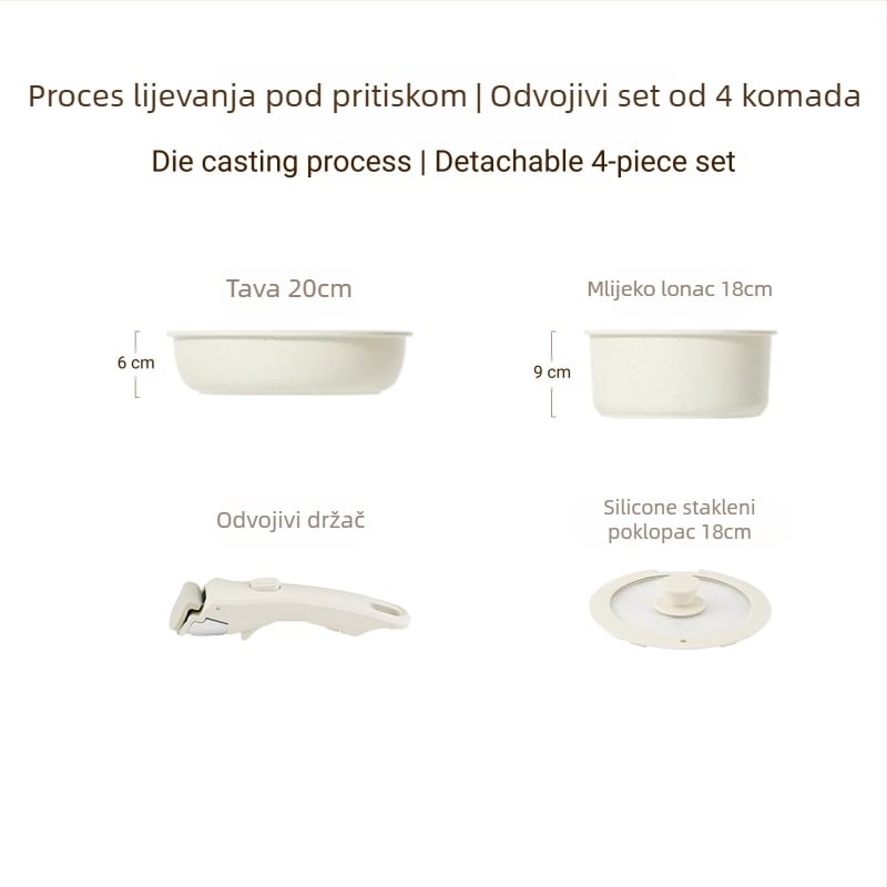 Set posuda s odvojivom ručkom — posude s premazom od aluminijske legure, s višeslojnom dnom, uključuje lonac za mlijeko, 2 tiganja i poklopac od silikona i stakla, kompatibilan s indukcijom