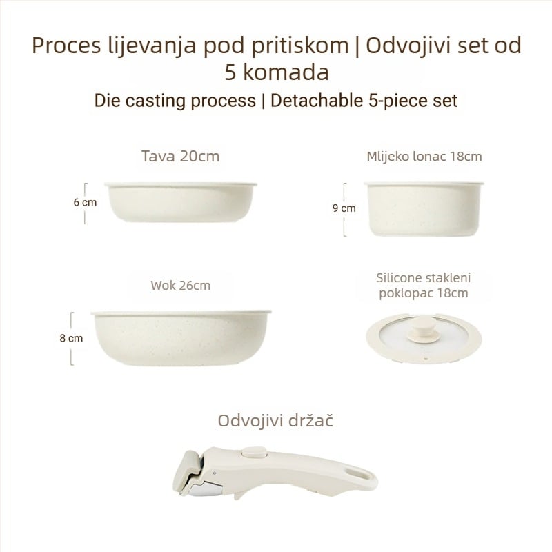 Set posuda s odvojivom ručkom — posude s premazom od aluminijske legure, s višeslojnom dnom, uključuje lonac za mlijeko, 2 tiganja i poklopac od silikona i stakla, kompatibilan s indukcijom