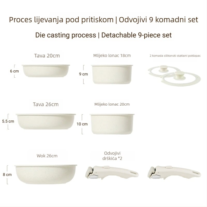 Set posuda s odvojivom ručkom — posude s premazom od aluminijske legure, s višeslojnom dnom, uključuje lonac za mlijeko, 2 tiganja i poklopac od silikona i stakla, kompatibilan s indukcijom