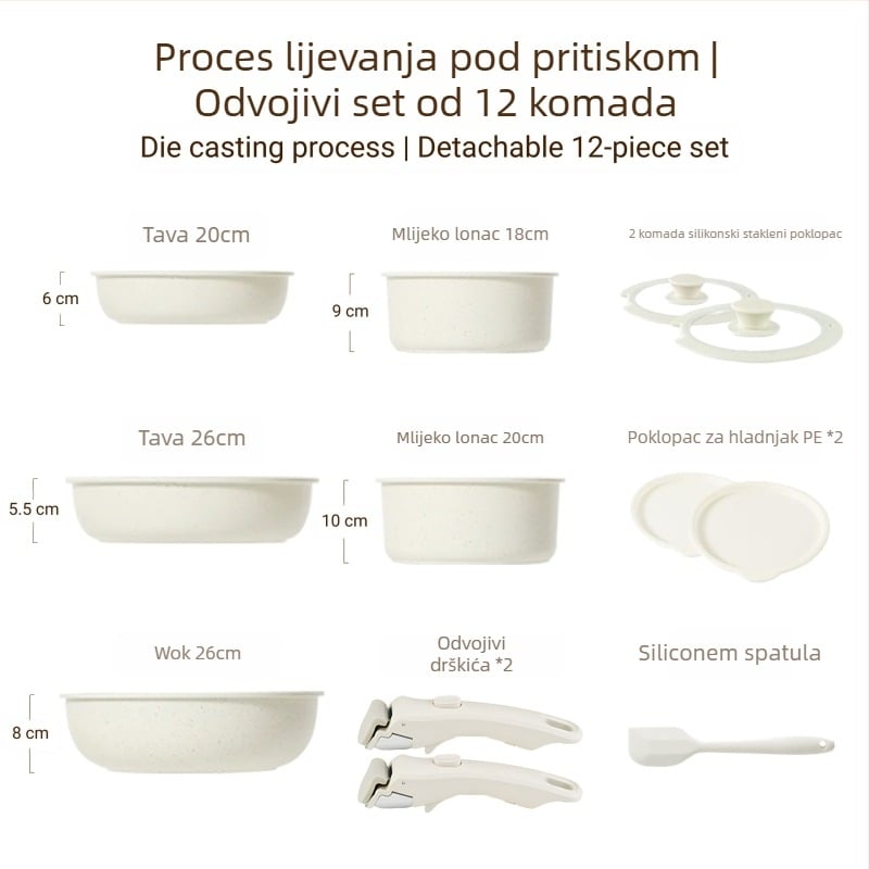 Set posuda s odvojivom ručkom — posude s premazom od aluminijske legure, s višeslojnom dnom, uključuje lonac za mlijeko, 2 tiganja i poklopac od silikona i stakla, kompatibilan s indukcijom