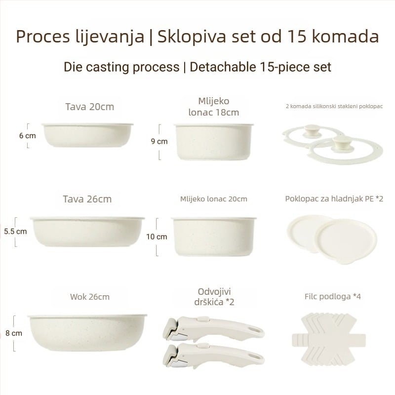 Set posuda s odvojivom ručkom — posude s premazom od aluminijske legure, s višeslojnom dnom, uključuje lonac za mlijeko, 2 tiganja i poklopac od silikona i stakla, kompatibilan s indukcijom