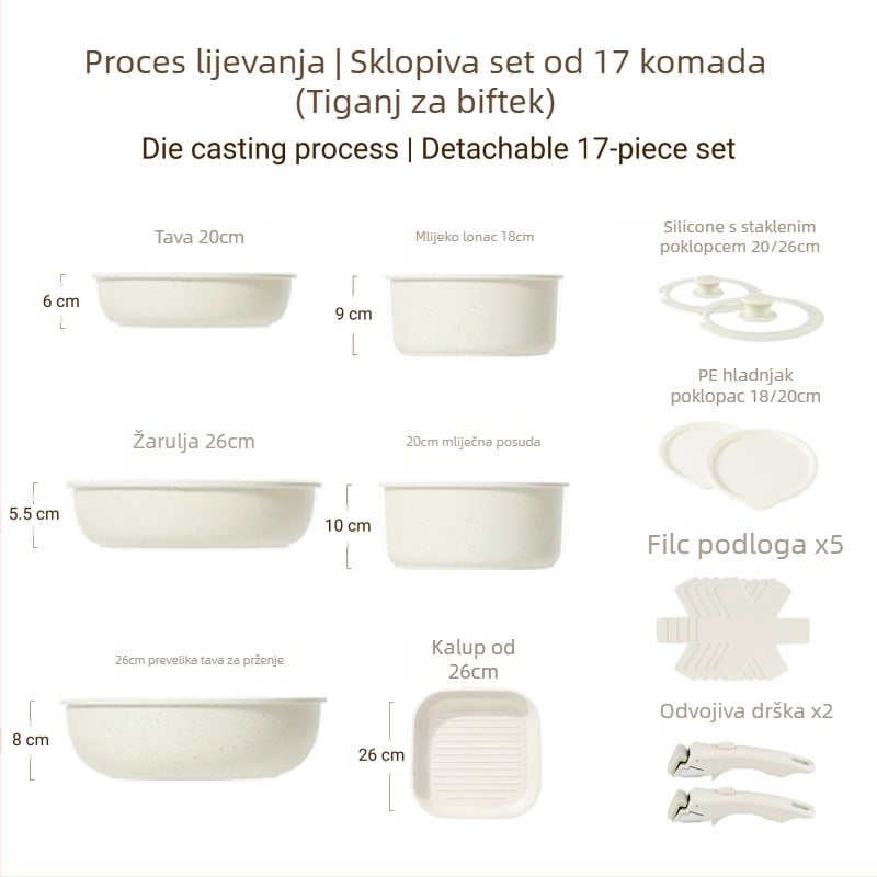 Set posuda s odvojivom ručkom — posude s premazom od aluminijske legure, s višeslojnom dnom, uključuje lonac za mlijeko, 2 tiganja i poklopac od silikona i stakla, kompatibilan s indukcijom