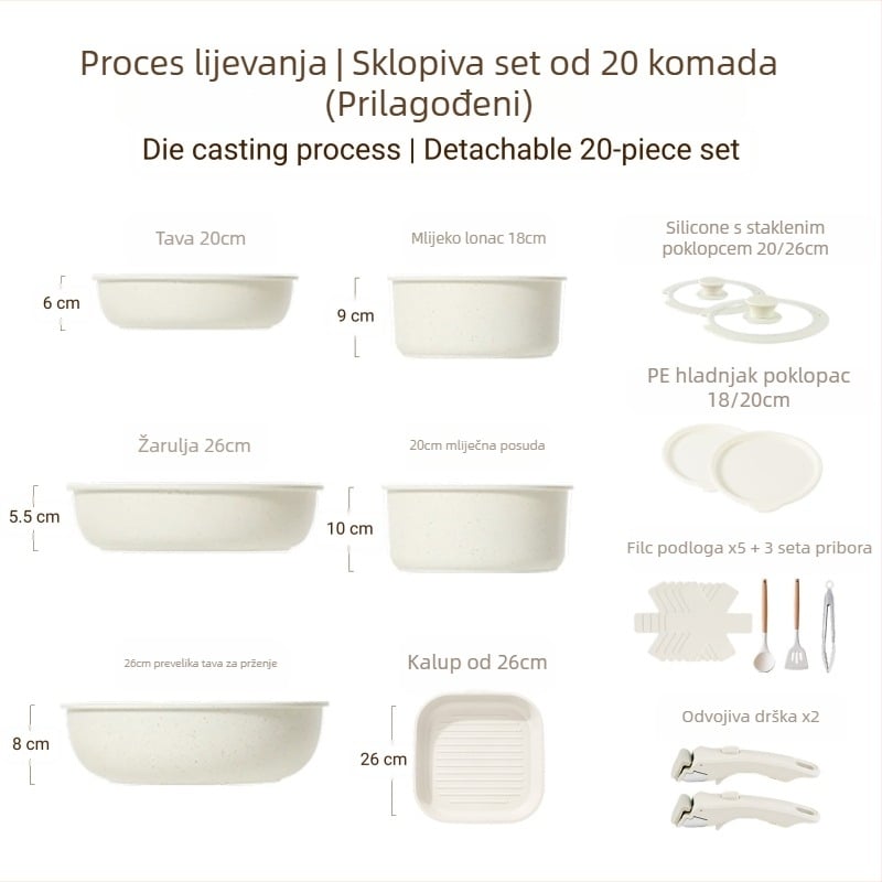 Set posuda s odvojivom ručkom — posude s premazom od aluminijske legure, s višeslojnom dnom, uključuje lonac za mlijeko, 2 tiganja i poklopac od silikona i stakla, kompatibilan s indukcijom
