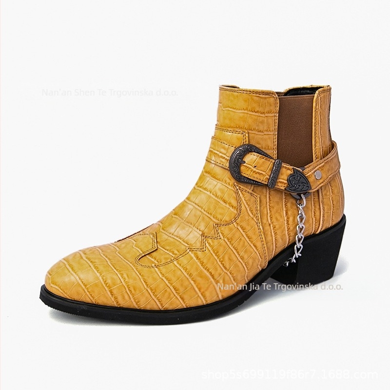 Muške kožne čizme - šiljasti vrh, klinasti potpet 6-8 cm, srednje visoke, Martens stil, PU gornji dio