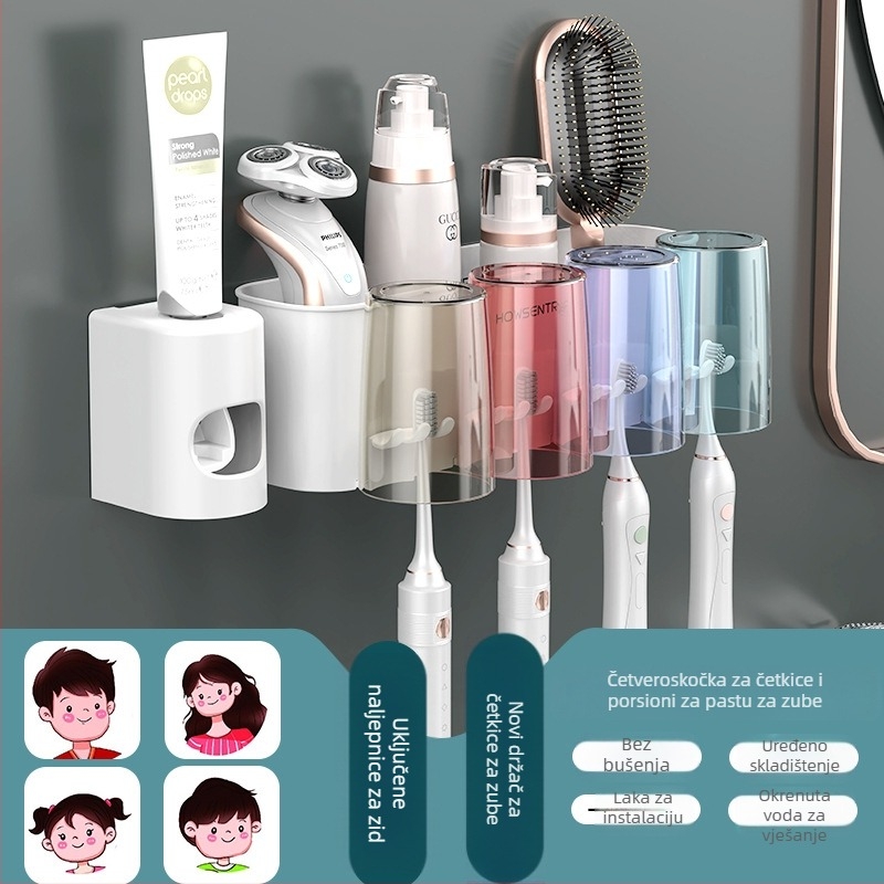 Zidni držač četkice za zube bez bušenja, s čašom za vodu za ispiranje i čašom za četkicu – kupaonica, organizator za parove