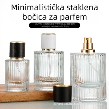 Staklena bočica za parfem sa vijčanim vratom, kružno prozirno tijelo, debeli vertikalni prugasti staklo, bočni raspršivač, teški poklopac