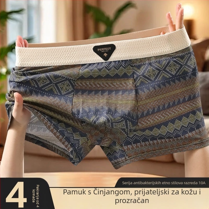 Muške bokserice s retro etničkim uzorkom od pamuka, prozračne, antibakterijske, udobne, srednji struk
