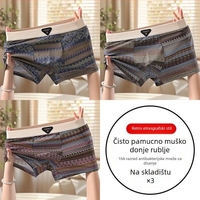 Muške bokserice s retro etničkim uzorkom od pamuka, prozračne, antibakterijske, udobne, srednji struk