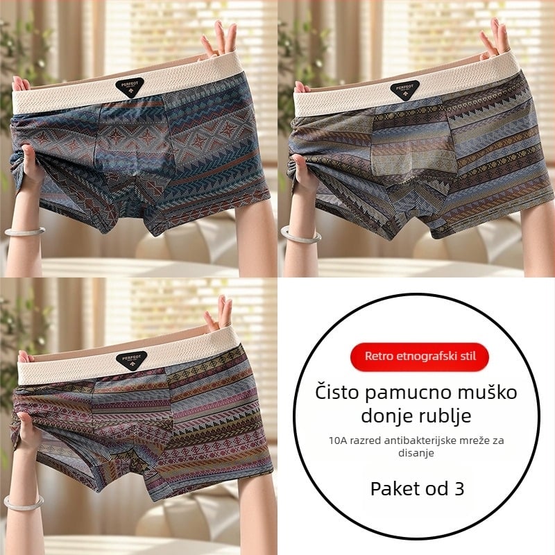 Muške bokserice s retro etničkim uzorkom od pamuka, prozračne, antibakterijske, udobne, srednji struk