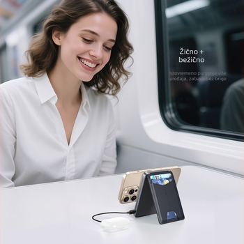 Magnetski bežični power bank 5000mAh, brzo punjenje 15W, QC3.0, sa stalkom i kožnim držačem za kartice