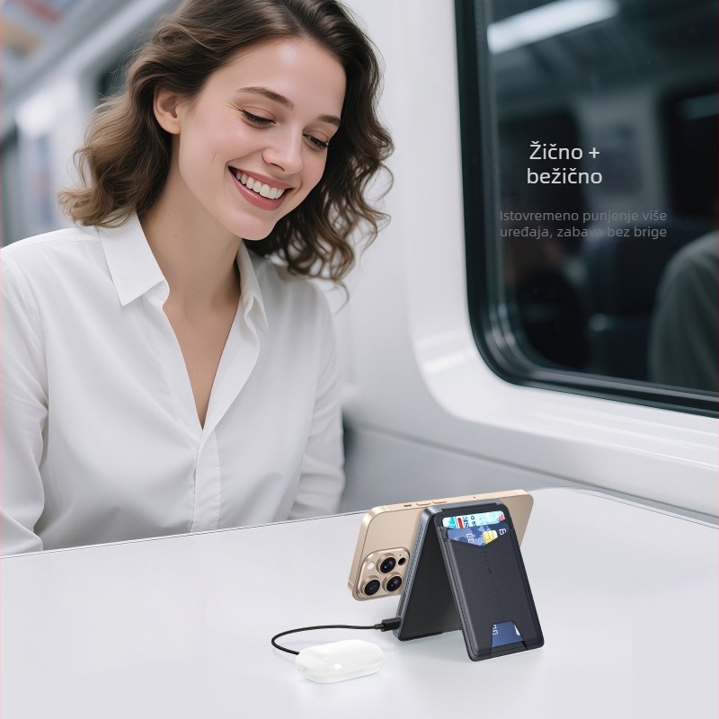 Magnetski bežični power bank 5000mAh, brzo punjenje 15W, QC3.0, sa stalkom i kožnim držačem za kartice