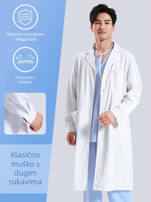 Muški liječnički kaput, dugi rukavi, s funkcijom anti-nabor, materijal od pamuk-mješavine, podstava od poliestera, radna odjeća za zdravstvenu skrbi