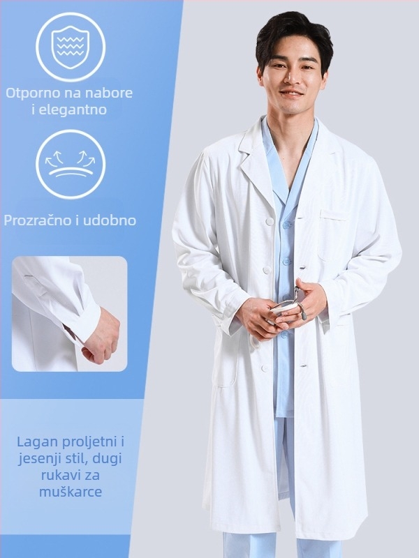 Muški liječnički kaput, dugi rukavi, s funkcijom anti-nabor, materijal od pamuk-mješavine, podstava od poliestera, radna odjeća za zdravstvenu skrbi