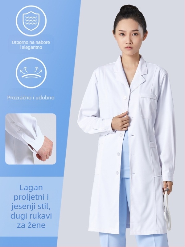 Muški liječnički kaput, dugi rukavi, s funkcijom anti-nabor, materijal od pamuk-mješavine, podstava od poliestera, radna odjeća za zdravstvenu skrbi