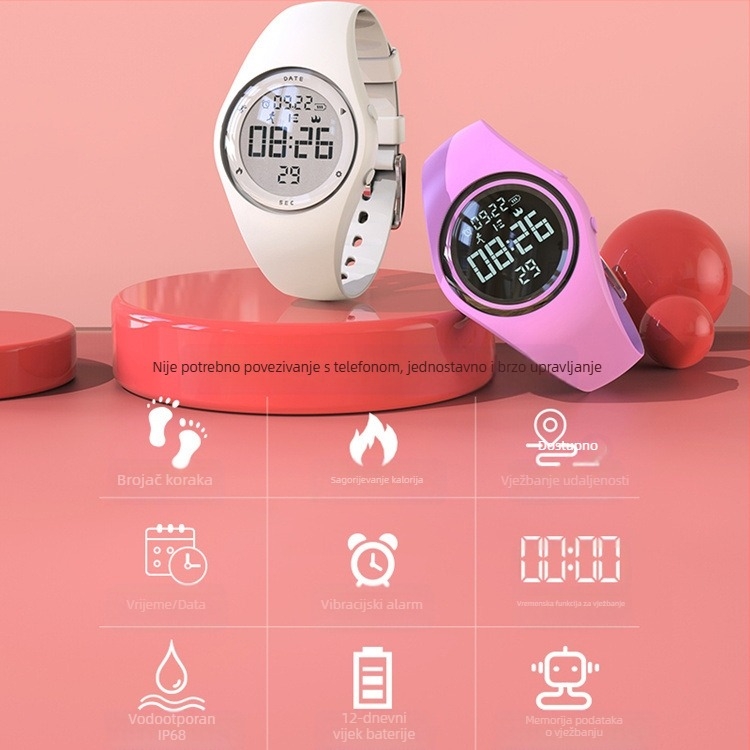 T5A Dječji digitalni sat – Alarm, Kronograf, Kalendar, Svjetsko vrijeme, Brojač koraka, 50 m vodootporan