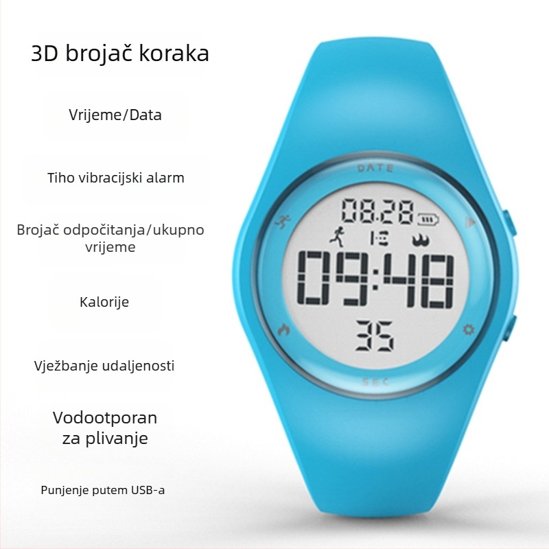 T5A Dječji digitalni sat – Alarm, Kronograf, Kalendar, Svjetsko vrijeme, Brojač koraka, 50 m vodootporan